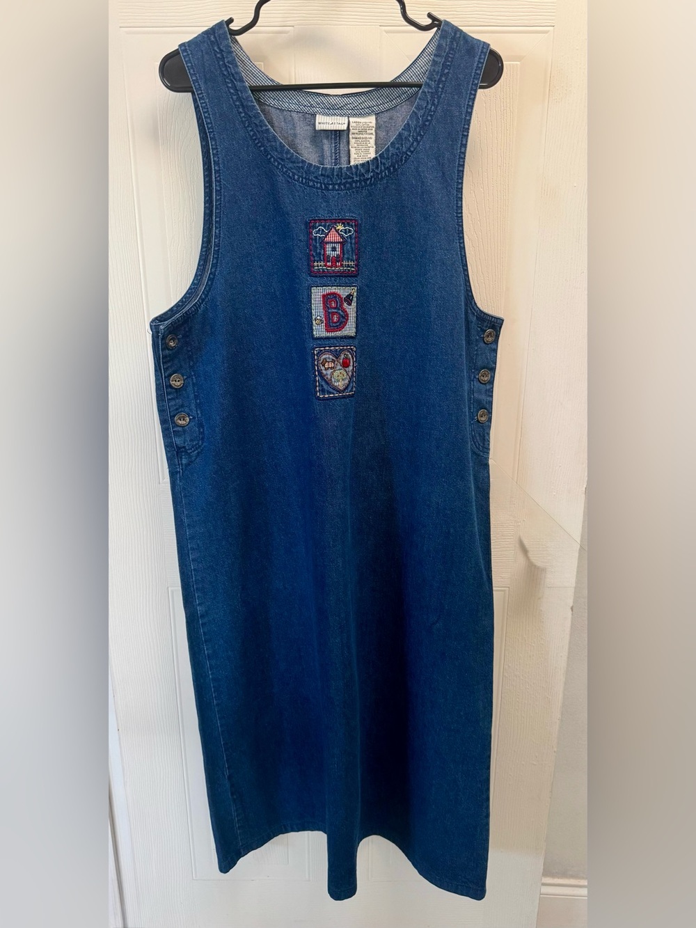White Stag Vintage 90s Denim Jumper Dress Patchwork House Heart B M